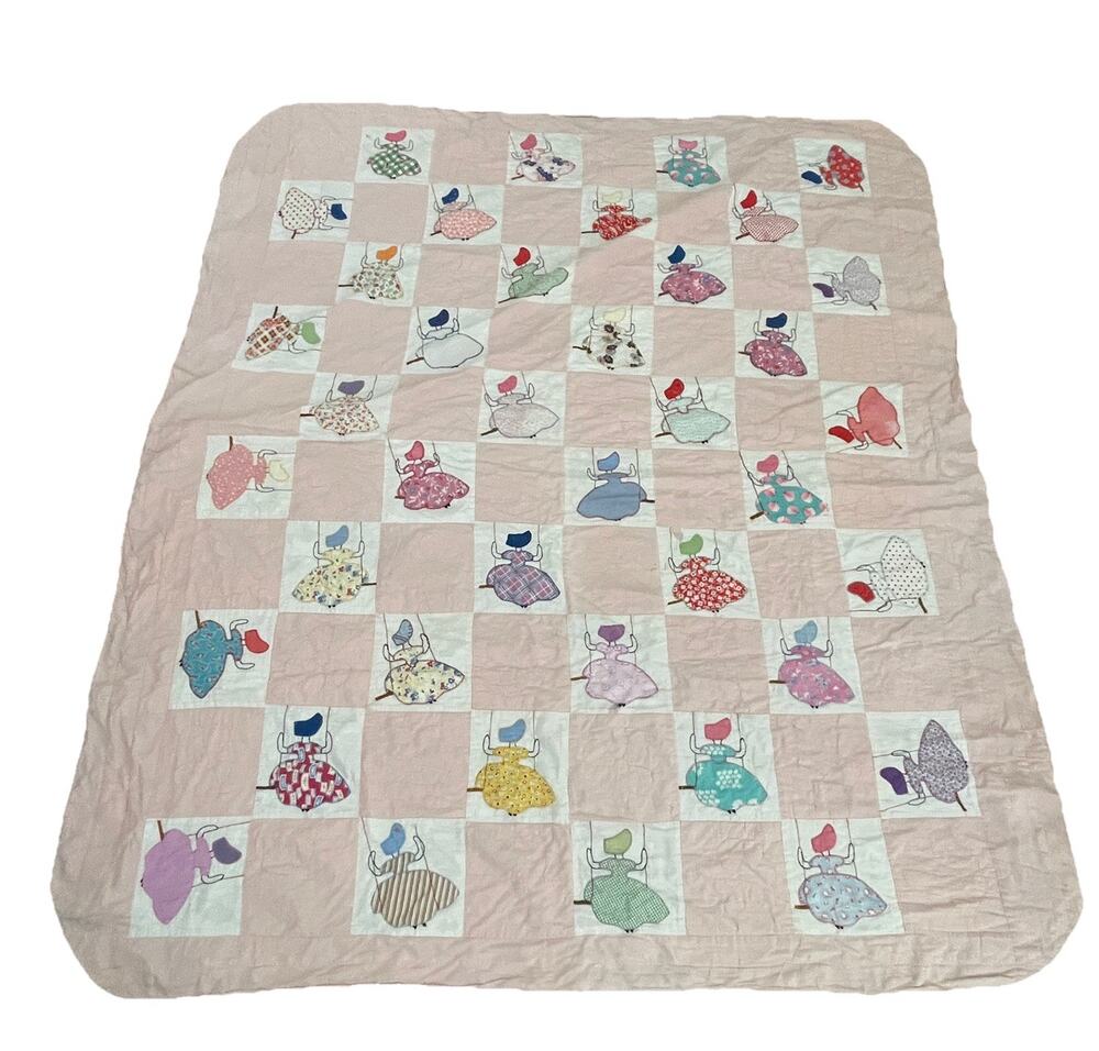 VTG MCM Girls On Swings Quilt Patchwork 40s RARE Folk Art Americana Sunbonnet